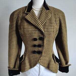 Norma Kamali Vintage 80s 100% Wool Houndstooth Jacket Velvet PRICE FIRM Size Sm